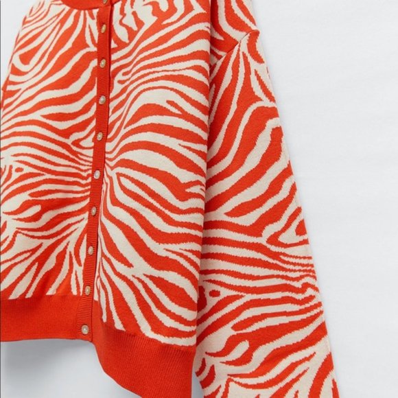 NWT Zara Zebra Orange Sweater Jacket Cardigan  Medium - Picture 8 of 12